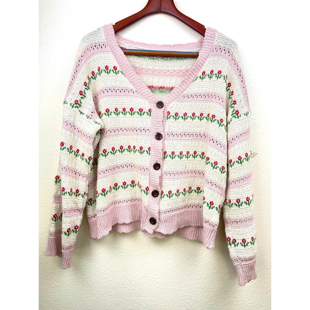 Womens Cardigan Sz L Chunky Oversized Cottage Fairy Coquette Floral Soft Kawaii